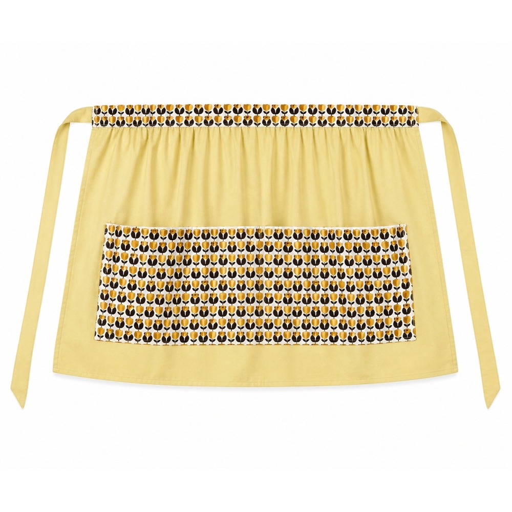 Vintage 70s Handmade Half Apron Yellow Brown Floral Pocket Retro Cottagecore